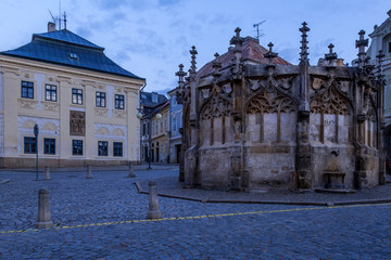 Picturesque historic city. Gothic stone fountain located on square in historic city. World Heritage...