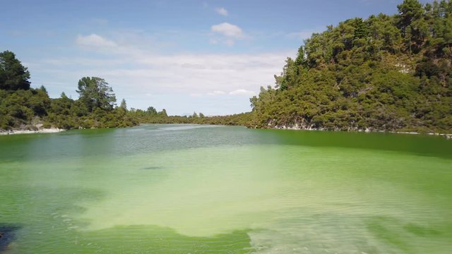 4K left to right panning motion of Lake Puna O Ngakoro at Wai-O-Tapu Thermal Wonderland near the town of Rotorua,North Island,New Zealand 