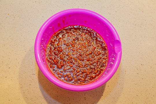 Appetizing homemade sweet sugar jam with sea buckthorn berries