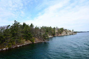 One Island in Thousand Islands Region in fall of New York State, USA