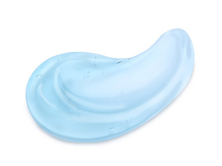 Sample of transparent cosmetic gel on light background, top view