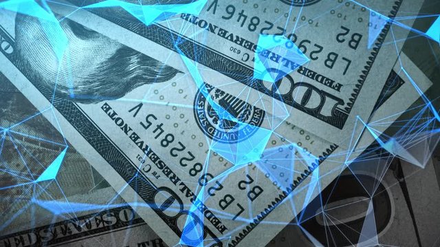 Hundred-dollar bills with an animated plexus grid. Blue grid above the bills. Business concept of infographics, backgrounds, digital business and databases