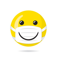 Happy Smiling Face Protected with Mask Having Wide Smile over It Coronavirus Pandemy Protection Measures Devoted Concept - Yellow on White Background - Mixed Graphic Design