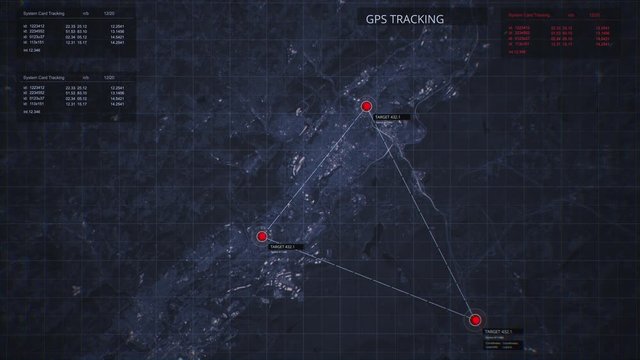 Tracking SIM card signal on the map. Special spy security following program interface. Three targets are moving. Satellite connection network. System Control Center. Target capture concept in 4K