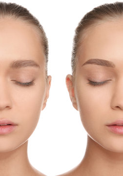 Woman before and after eyebrow correction on white background, closeup
