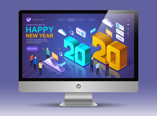 Isometric Happy new year 2020 greetings concept on computer screen, Vector modern minimalist Happy new year Isometric card for 2020 Year, Vector illustration