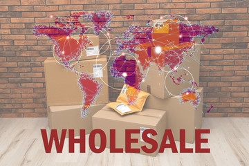 Wholesale business. World map and blurred parcel boxes on background