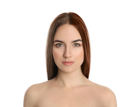 Beautiful woman before and after hair coloring on white background