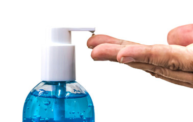 Close-up  Alcohol gel bottle for protection Coronavirus disease 2019 (COVID-19), Sanitizer pump bottle,white background