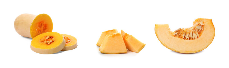 Set with cut fresh pumpkins on white background. Banner design