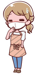 風邪をひいて体調不良のアニメ調のエプロン姿の女性