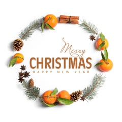 Flat lay composition with Christmas wish and festive decor on white background
