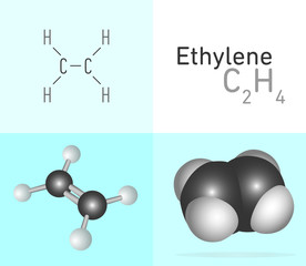 Ethylene (C2H4) gas molecule. Two 
different molecule model and chemical formula. Ball, stick and Space filling model. Structural Chemical Formula and Molecule Model. Chemistry Education