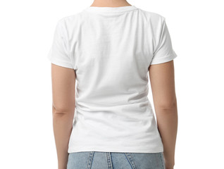 Obraz premium Woman in t-shirt on white background, closeup. Space for design