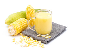 Fresh sweet corn juice (corn milk) and corn isolated on white background. 