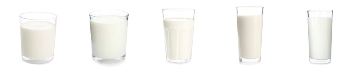 Set with glasses of fresh milk on white background. Banner design