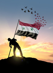 Syria flag turn to birds while being planted by a man on a hill during sunrise.