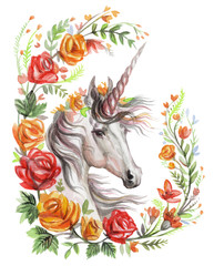 Watercolor unicorn in flowers 3