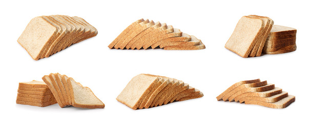 Collection of sliced bread on white background. Banner design