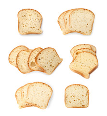 Set of sliced bread on white background, top view
