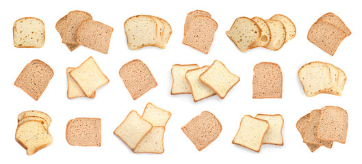 Set of bread slices on white background, top view. Banner design