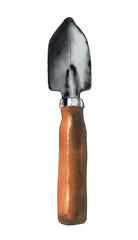 Illustration of a spade. Blade with a wooden handle. Sketch in mixed media watercolor and ink. Hand-drawn drawing. 