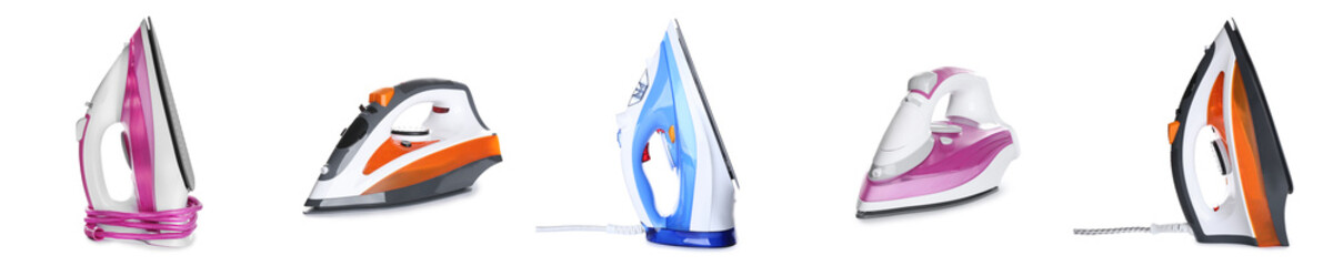 Set with modern electric irons on white background. Banner design