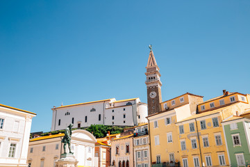 St. George's Parish Church and old town colorful buildings at Tartini square in Piran, Slovenia
