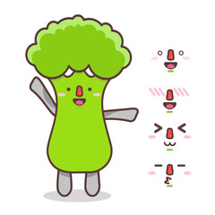 Cartoon flat cute Green Vegetable broccoli character expression set