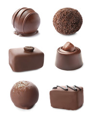 Set with different chocolate candies on white background