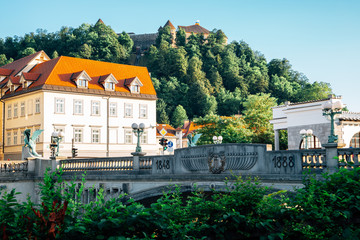 Dragon Bridge and ljubljana castle in Slovenia