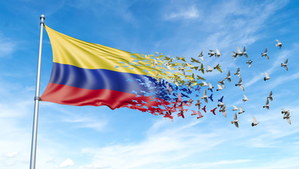 Columbia flag on a pole turn to birds while waving against a blue sky background - 3D illustration.