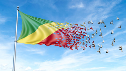 Congo Republic flag on a pole turn to birds while waving against a blue sky background - 3D illustration.
