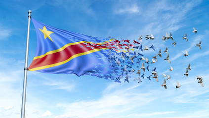 Congo flag on a pole turn to birds while waving against a blue sky background - 3D illustration.