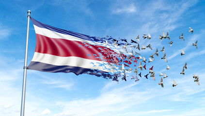 Costa Rica flag on a pole turn to birds while waving against a blue sky background - 3D illustration.