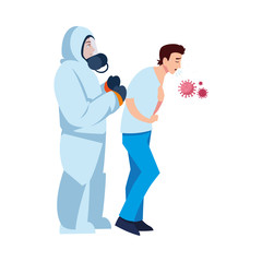 Doctor with protective suit checking man with dry couch vector design
