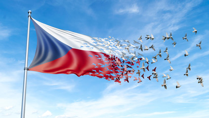 Czech Republic flag on a pole turn to birds while waving against a blue sky background - 3D illustration.