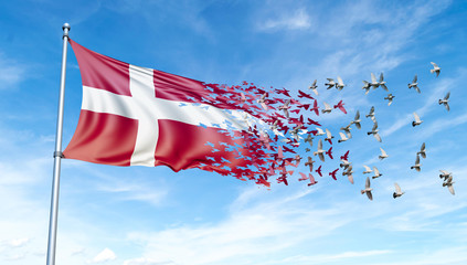 Denmark flag on a pole turn to birds while waving against a blue sky background - 3D illustration.