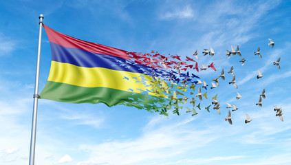 Mauritius flag on a pole turn to birds while waving against a blue sky background - 3D illustration.