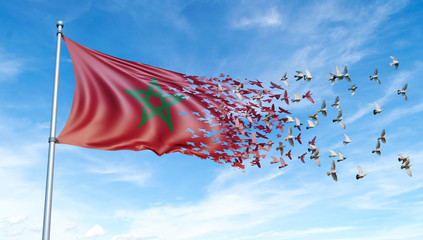 Morocco flag on a pole turn to birds while waving against a blue sky background - 3D illustration.