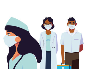 female and male doctors with uniforms masks and kit vector design