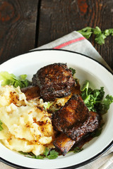 braised short ribs with mashed potatoes. Instant Pot meat . copy space