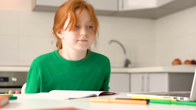 Nervous little girl cant cope with home task and throwing pen, emotional burnout