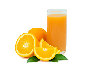 Close-up of Glass squeezed orange juice and fresh fruits ripe cut half with green leaves (Fruit organic from natural food vegetarian for healthy) isolated on white background. with clipping path.
