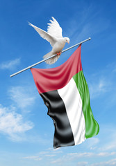 UAE flag on a pole is carried by a bird while flying against a blue sky background - 3D illustration.