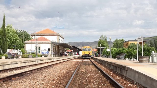 Back shot of train at Pinhao Historical Railroad Station in Portugal