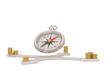 Financial concept Metal compass  and arrow isolated on white background. 3D illustration.
