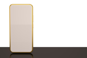 Smartphone mockup with golden metal frame above white table. 3D illustration.