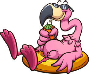 Pink flamingo with sunglasses resting on a lifesaver and having a tropical drink. Vector cartoon clip art illustration with simple gradients. All on a single layer.

 - obrazy, fototapety, plakaty