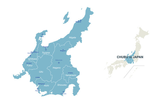 chubu map. japan regions map series. vector map of japan provinces.